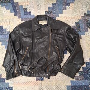 Vintage Renaissance Leather Biker Jacket Womens Large Black Dolman Sleeve Belted